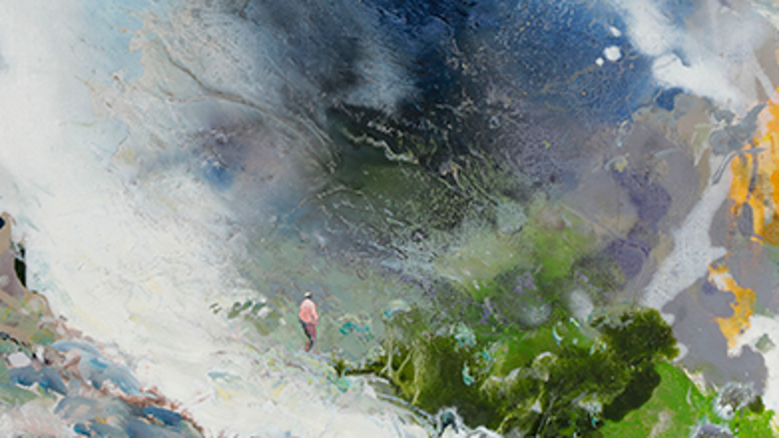 Kuvassa on osa Tuomo Saalin taulua, jossa yläosassa on sinisen eri sävyistä taivasmaista pilveä. Alhaalla mies kulkee tunturin rinnettä alaspän ja oikealla on rinteen alla vihreää metsikköä.  Taulun sävy on utumainen.