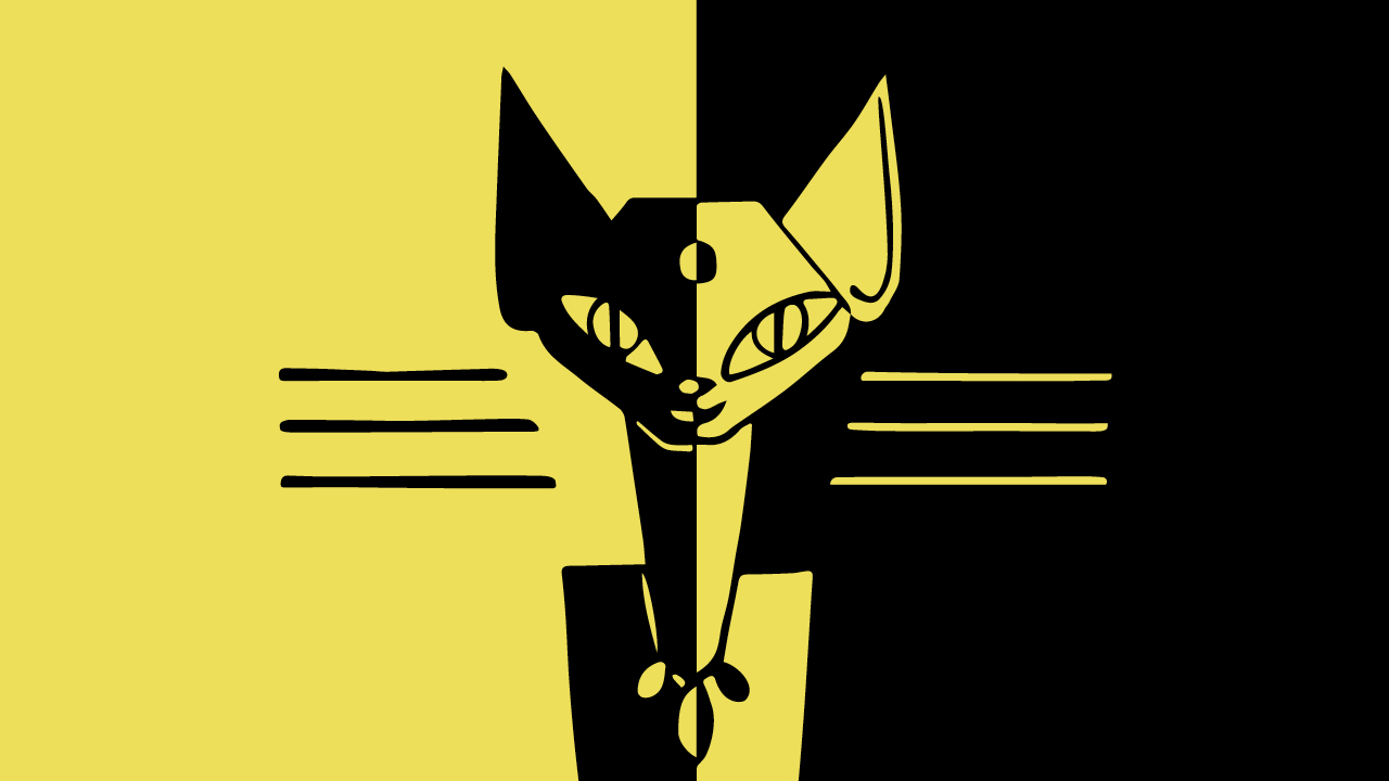 Kuva on musta-keltainen ja siinä on keskellä graafinen kissahahmo.  Kissa on keskeltä kahtia ja siinä on symmetrisesti vaihdettu keltaiset ja mustat osat.  Kissan vieressä on vaakatasossa keltaiset tai mustat viivat.  Kissalla on kaulassaan kaulakoru.