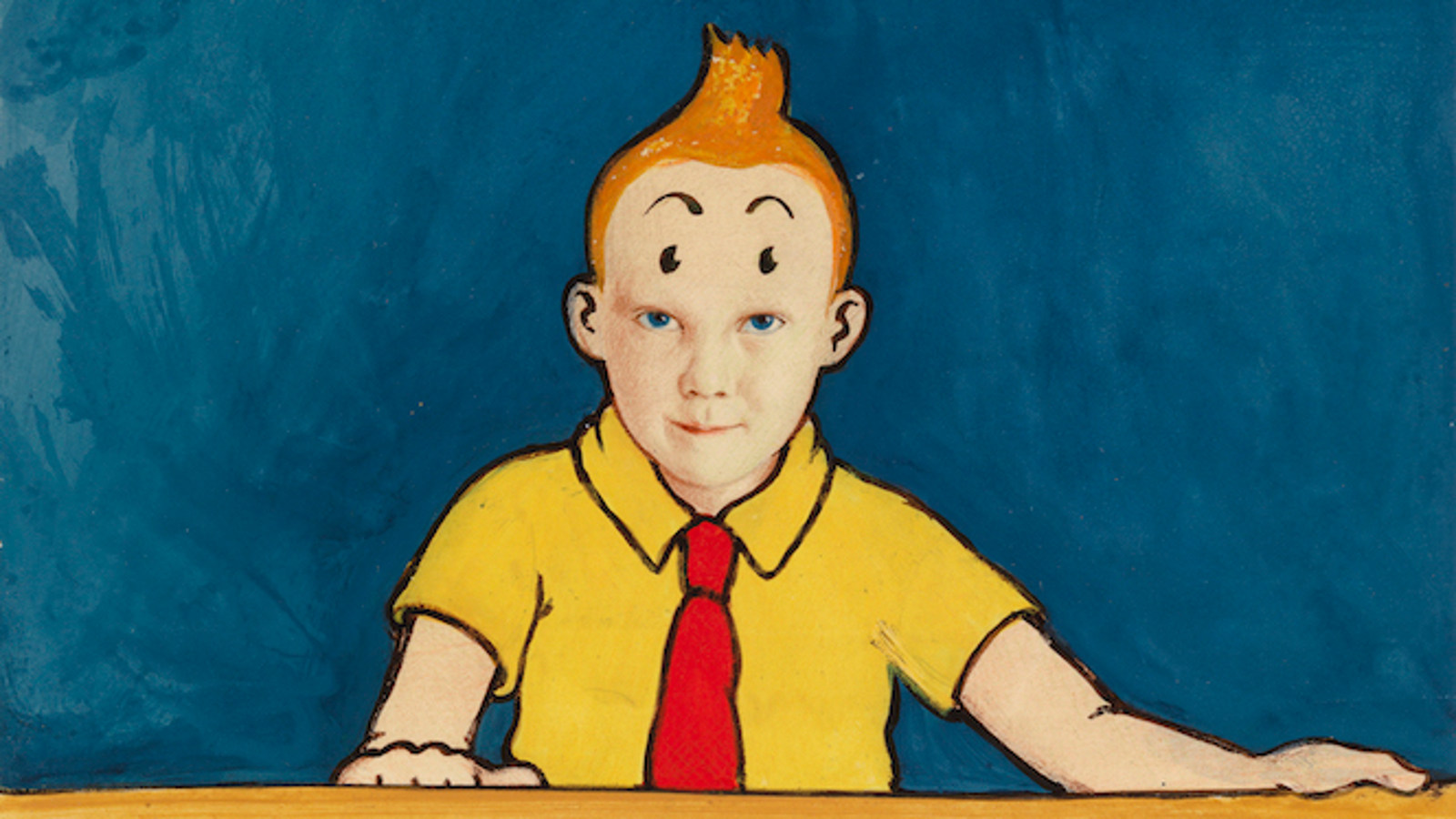 Kuvassa on Olli Lyytikäisen maalaama Hergé, jossa on Tintin kuva. Kuvassa Tintti istuu pöydän ääressä ja se on keltainen.  Tausta on sininen.  Tintillä keltainen kauluspaita ja punainen kravatti. Tintillä on ruskea pystytukka ja nojaa käsillään pöytään.