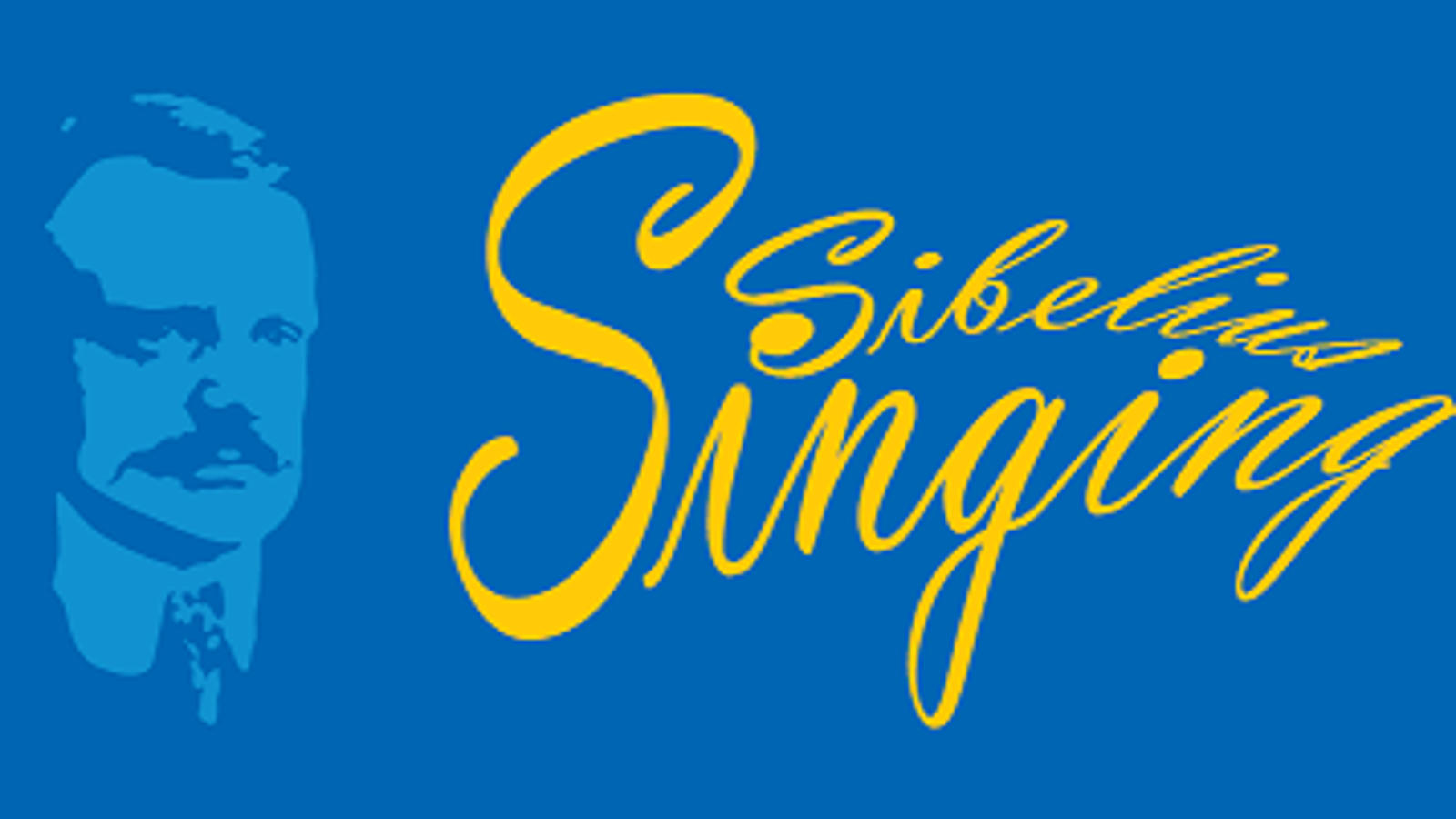 Kuvassa on heleän sinisellä pohjalla Sibeliuksen harmaan sininen figuurikuva ja kaunokirjoituksella isoin kirjaimin Sibelius Singing keltaisella.