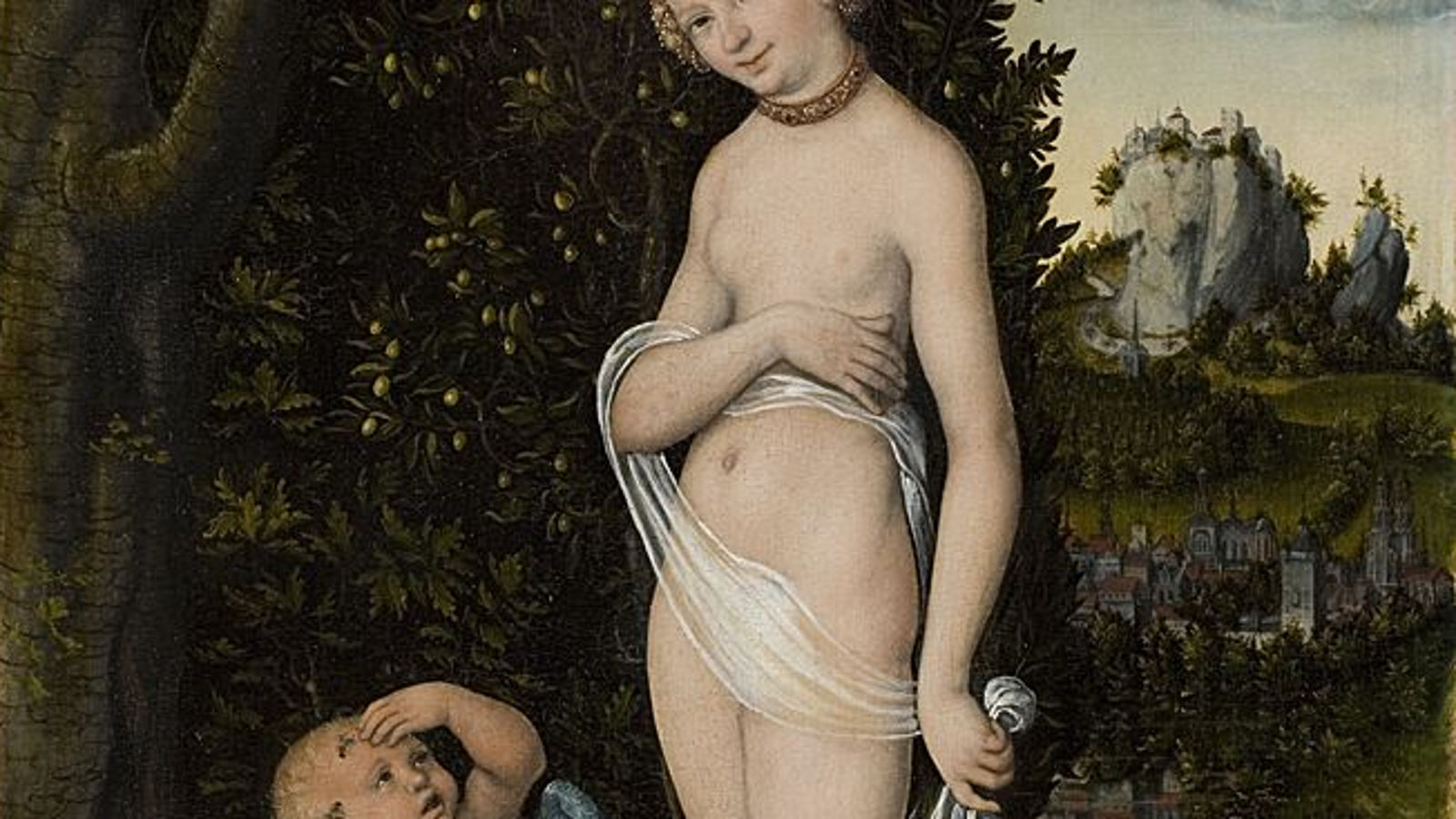 Kuvassa on Venuksen ja Amorin kasvoja ja Amor katsoo Venusta ylöspäin.  Taustalla on vihreätä pensasta, jossa on valkoisia kukkia.