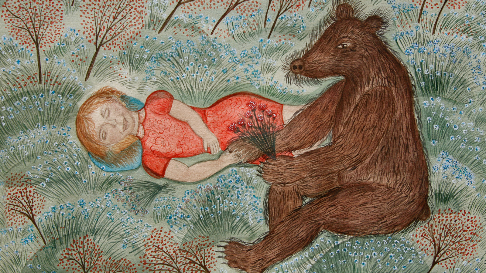 Kuvassa Pirkko Valon maalaus Viljan uni, jossa tyttö makaa nurmella ja karhu pitää häntä kädestä ja ojentaa kukkia.