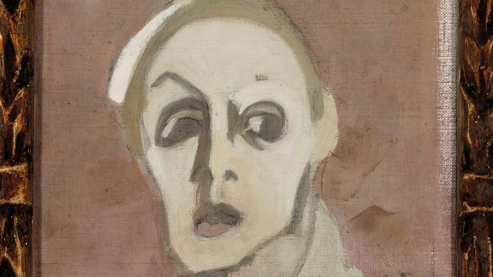 Kuvassa on Helene Schjerfbeckin Mustasuinen omakuva.  Kuva on ruskean ja harmaan sävyinen.