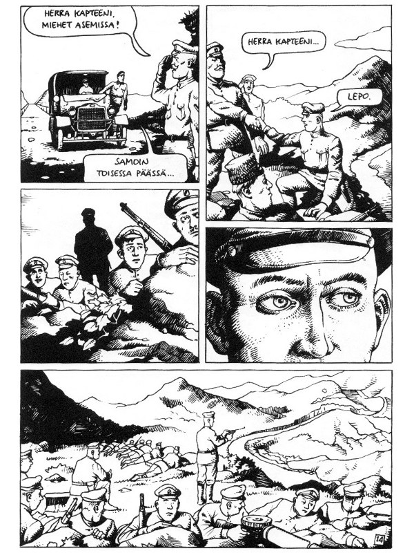 Tserep miehineen valmistuu väijyttämään vihollisen. Yksityiskohtien puute muuttaa viimeisessä ruudussa hahmot tahattoman huvittaviksi.