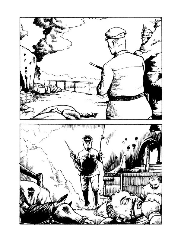 Tserep tutkii kuolleita. Jarlan viivatyöskentely on ennennäkemättömän tarkkaa ja tarjoaa syvyysvaikutelman tavalla johon moni tekijä ei Suomessa pysty.