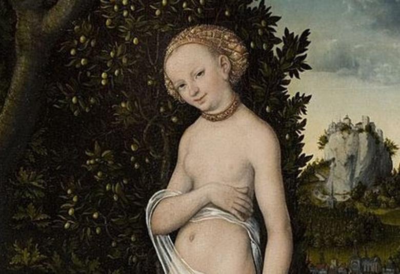 Kuvassa näkyy alastoman Venuksen kasvot ja taustalla on tumma lehtipuu, jossa on valkoisia kukkia.  Kauempana taustalla on kapealla kalliolla linna. 