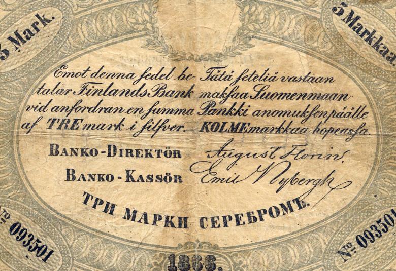 Kuvassa on vinosti koristeiden ympäröimänä teksti 3 markkaa ja ylhäällä on valkoinen kotka, joka ei näy hyvin.  Keskellä on teksti ruotsiksi ja suomeksi: Tätä seteliä vastaan maksaa Suomenmaan Pankki anomuksen päälle KOLMEmarkkaa hopeasta. Allekirjoitukset Direktör August Florin ja Kassör Emil Nybergh. Alla isoin kirjaimin venäjäksi setelin arvo. Teksti on koristeellisen soikion ympäröimä ja alla on vuosiluku 1866 sekä kulmissa setelin numero  093501.