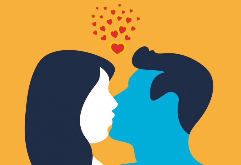 Kuva on näytelmän Avioliittosimulaattori tunnuskuva. Siinä on oranssilla pohjalla naisen ja miehen sivukuvat sekä keskeltä ylöspäin lähtevät pienet sydämet.  Naisen hahmolla on musta pitkät hiukset ja valkoiset kasvot ja miehellä miehellä mustat lyhyet hiukset sekä vaalean siniset kasvot. 