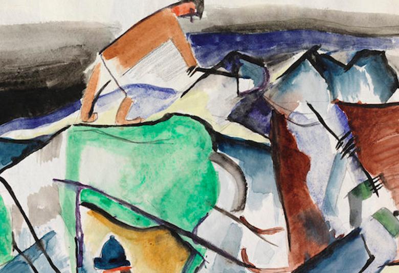 Kuva on Sulho Sipilän taulusta Talvimaisema.  Se on tyyliltään abstrakti ja siinä taustalla talvinen harmaan musta tausta.  Alla on valkeaa ja jäätä.  Ihmisiä on kuvan eri osissa ja ne ovat kömpelön näköisiä.  Keskellä on erilaisia elementtejä ja värit ovat vihreä, sininen ja ruskea.