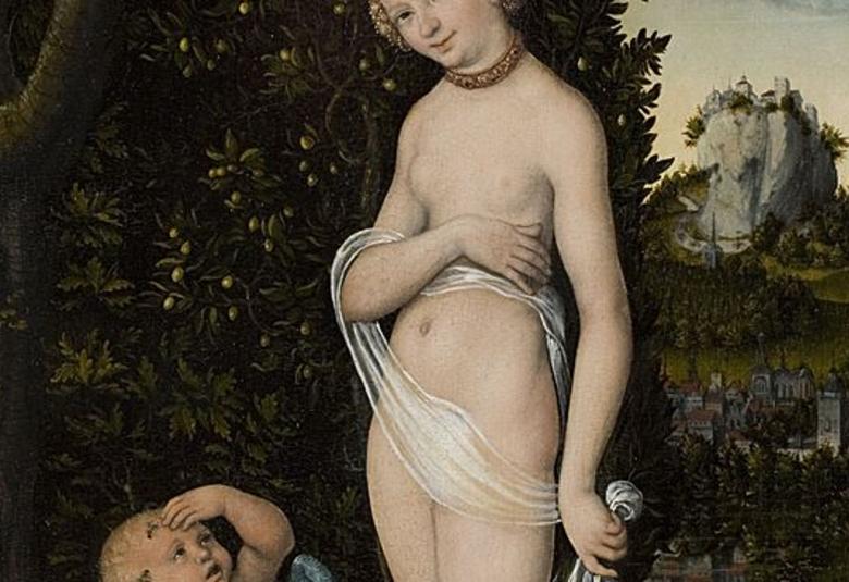 Kuvassa on Venuksen ja Amorin kasvoja ja Amor katsoo Venusta ylöspäin.  Taustalla on vihreätä pensasta, jossa on valkoisia kukkia.