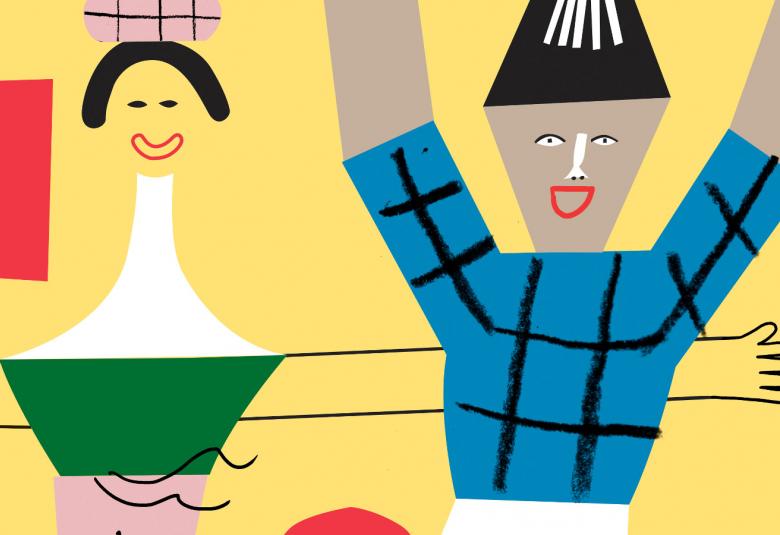 Kuvassa on keltaisella pohjalla graafisen yksinkertaisesti tytön hymyilevät kasvot ja päässä on vaaleanpunaruudullinen myssy.  Paita on valkoinen.  Vieressä oikealla on poika kädet pystyssä ja päässä on korkea musta-valkoinen myssy.  Paita on sini-mustaruudullinen ja vaalean ruskeat kädet ovat pystyssä.  Kainalosta näkyy myös ojennettu käsi.