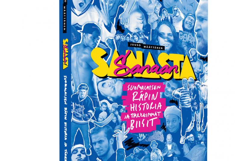 Kuvassa on osa Suomalaisen räpin historia -kirjaa.  Kirja onsinisävyisnen ja siinä on kollaasina eri räppäreitä joko kasvo- tai kokovartalokuvina.  Keskellä on kirjan tiedot.  Ylimpänä pienellä mustalla pohjalla kirjoittaja Juuso Määttänen, alempana Sanasta isoilla lihavoiduilla, keltaisilla kirjaimilla ja sen päällä punaisilla käsialakirjaimilla Sanaan.  Alla on punaisella pohjalla valkoisin kirjaimin Suomalaisen räpin historia ja tärkeimmät biisit.