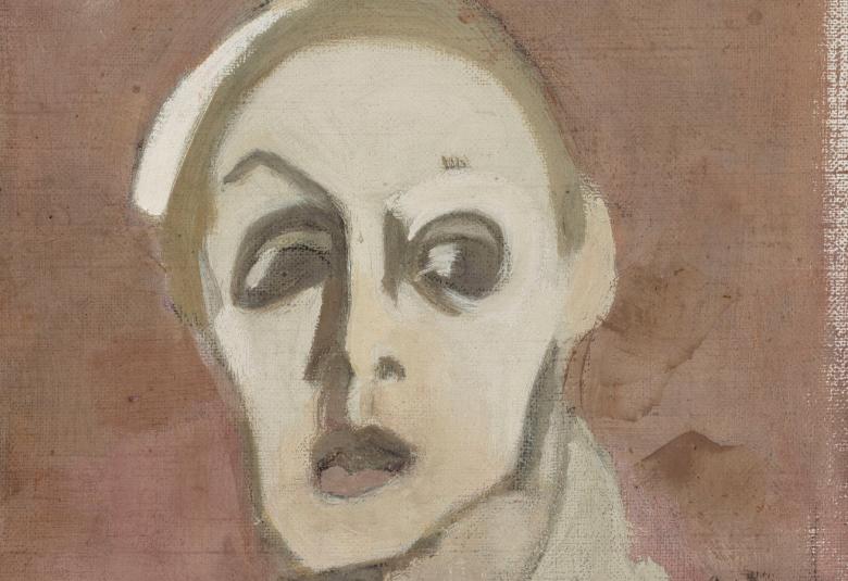 Kuvassa on Helene Schjerfbeckin Mustasuinen omakuva.  Kuva on ruskean ja harmaan sävyinen.