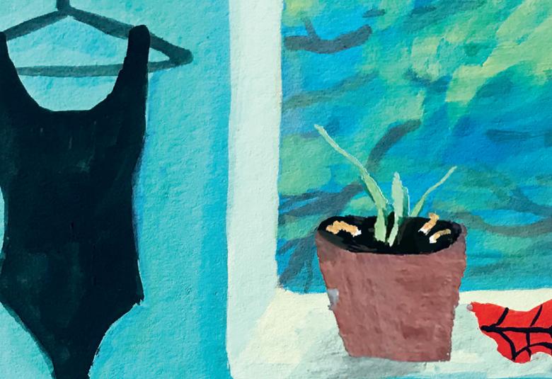 Kuvassa on musta uimapuku ja kukkaruukku ikkunalla. Seinä on turkoosi ja ikkunasta näkyy sinivihreää.