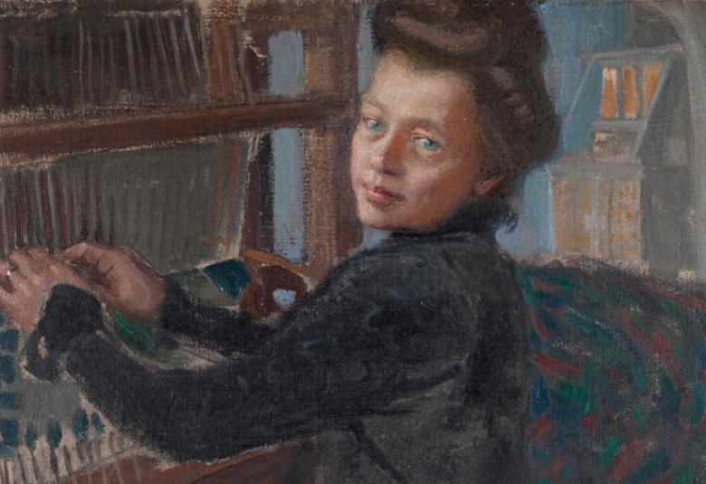 Kuvassa on Mary Gallen miehensä Akseli Gallen-Kallelan maalauksessa, jossa hän on kutomassa kangaspuissa ja katsoo olkansa yli.  