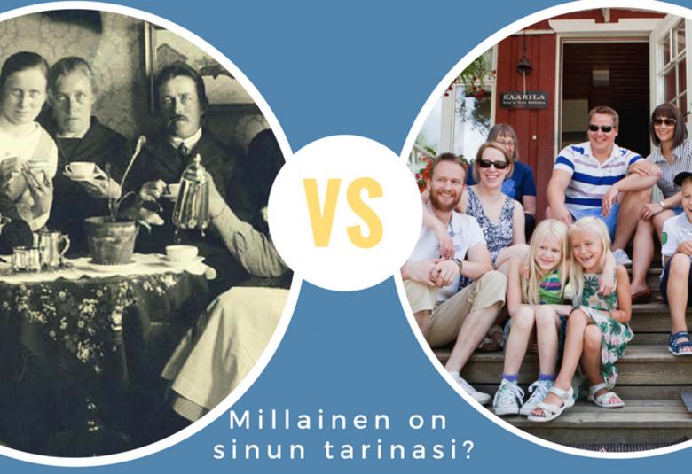 Kuvassa on kaksi kuvakuplaa, joissa vasemmassa on mustavalkoinen kuva pienen kahvipöydän ääreen kokoontuneesta kolmen naisen ja yhden miehen seurueesta.  Nämä ovat pöydän takana ja oikealla näkyy yhden naisen hameenhelma ja hän kaataa juuri kannusta kahdia.  Oikealla on punaisen talon portailla kesäisissä tunnelmissa kaksi pariskuntaa, joista toisella on noin 10-vuotiasta kaksi poikaa ja toisella kaksi samanikäistä tytärtä.  Kaikki istuvat portailla.