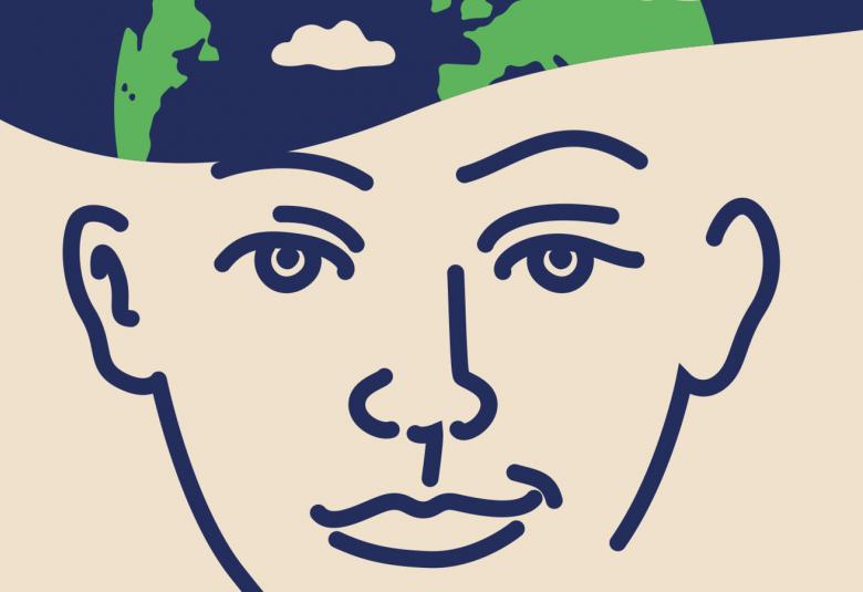 Kuvassa on osa Mieli maassa -kirjasta. Kuvassa on graafiset miehen kasvot ja värit ovat vihreä, sininen ja valkoinen.