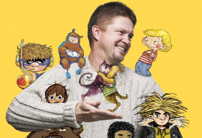 Kuvassa on Timo Parvela puolivartalokuvassa ja ympärillä on satu- ja sarjakuvahahmoja.  Kuvan tausta on keltainen.