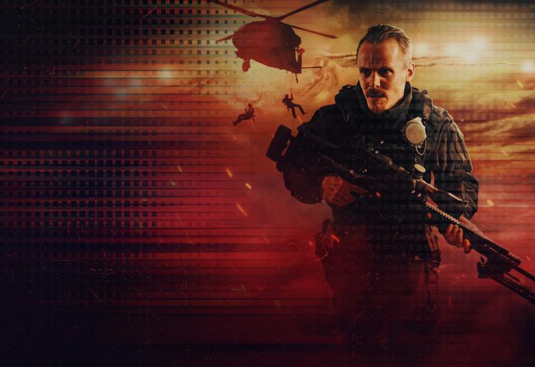 Kuvassa on Jasper Pääkkönen kypärä päässä sivukuvassa.  Kuva on punertava ja musta.  