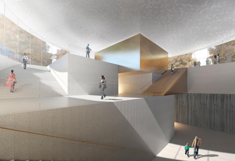 Kuvassa on voittaneen ehdotuksen Atlas sisätilakuva, jossa näkyvät eri kerrokset. 