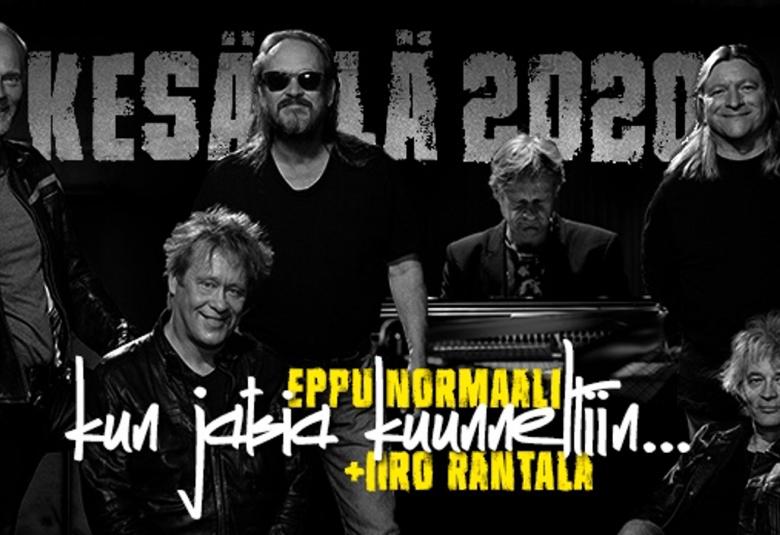 Kuvassa on Eppu Normaalin jäsenet kuvassa hajallaan. Taustalla lukee kesä 2020 ja Eppu Normaali + Iiro Rantala. Kuva on musta-valkoinen. 