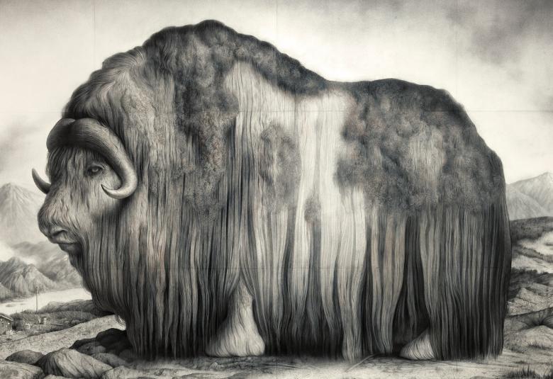 Kuvassa on pitkäkarvainen myskihärkä sivuttain. Kuva on musta-valkoinen.