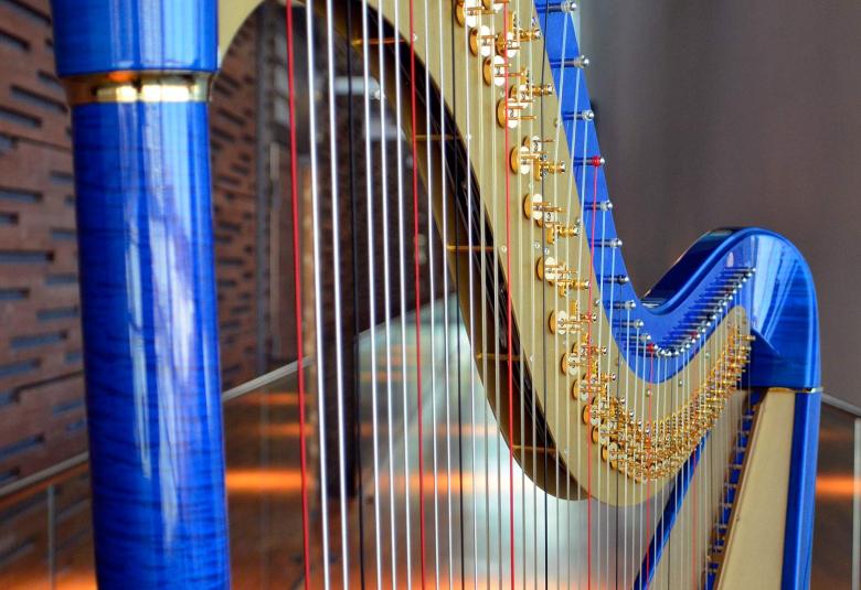 Kuvassa sähköharppu, joka on raameiltaan sininen. Kuvassa näkyy yläosa harpusta.