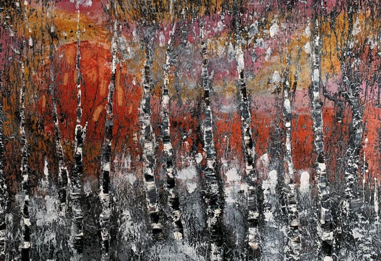 Kuvassa on Reidar Särestöniemen Punainen poro, jossa on pystysuora koivikko, harmaata ja punaista.