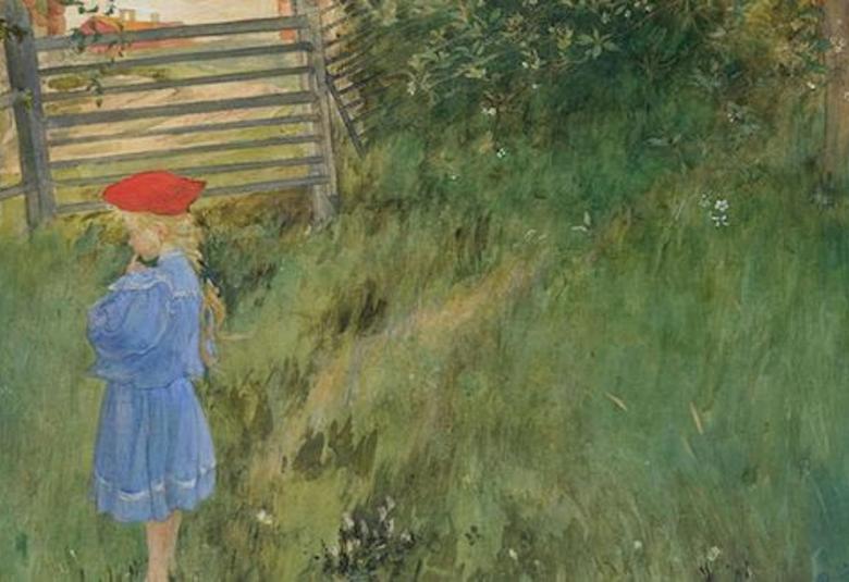 Kuvassa on pikkutyttö selin kuvan vasemmalla reunalla ja katselee nurmikolla olevia kukkia.  Takana on aitaa ja pensaita.  Maalaus on kesäkuva.