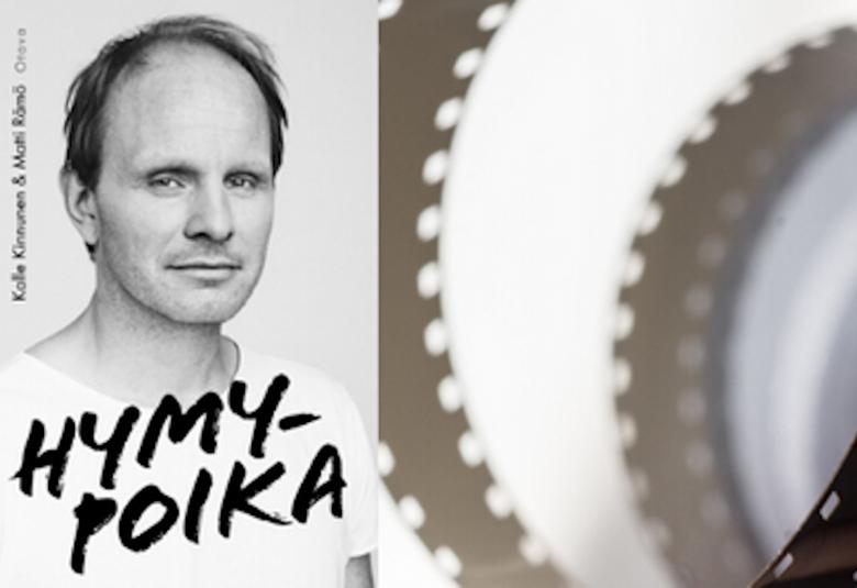 Kuvassa on Dome Karukoski passikuvana ja lisäksi filmiä kierteellä.  Kuvan värit ovat musta-valkoinen ja harmaa.