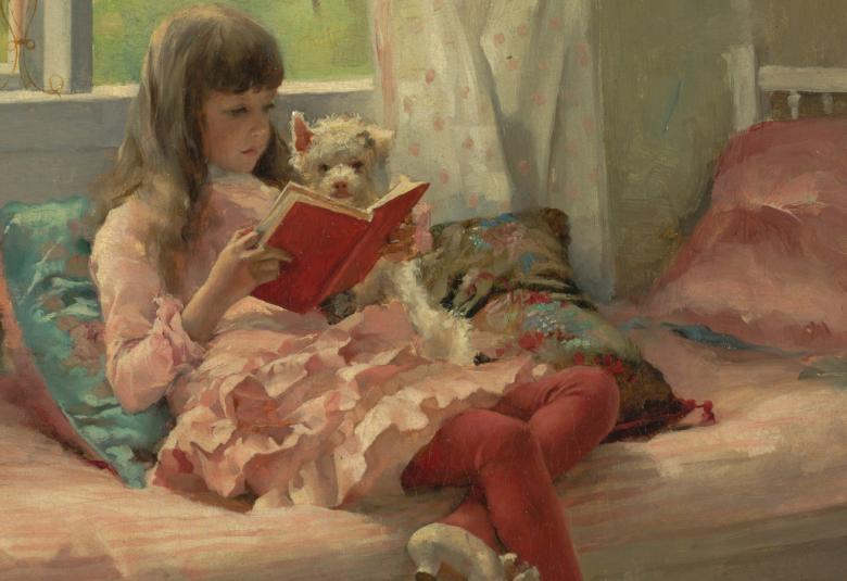 Kuvassa on Berta, joka löhöää vuoteen päällä lukemassa kirjaa.  Tyttö on yli kymmenvuotias.  Vuoteella on harmaa peite.  Vuoteen takana on ikkuna.