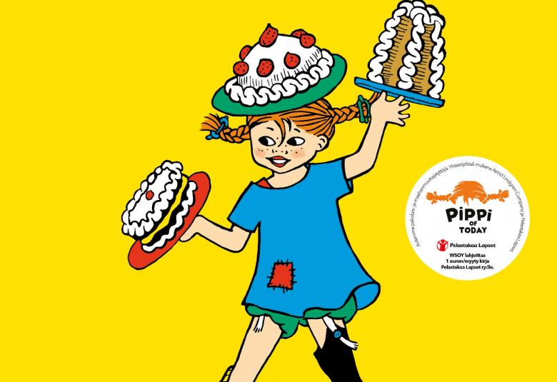 Kuvassa on Peppi Pitkätossu piirroskuvana ja pitää kädessään syntymäpäiväkakkua.  Kuva on piirroskuva ja tausta on keltainen.