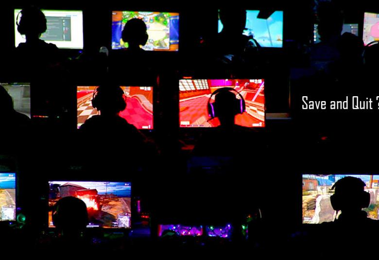 Kuvassa on nuoria näyttöjen edessä ja näitä kuvia on useita kolmessa rivissä. Kuvan pohja on musta ja oikealla keskellä on elokuvan nimi Save and Quit?
