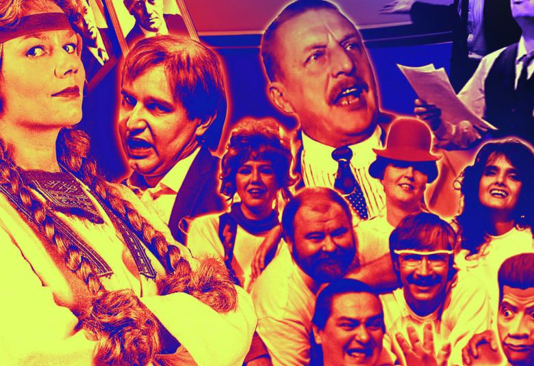 Kuvassa on väreissä eri tv-satiirien hahmoja ja heidän kasvojaan.