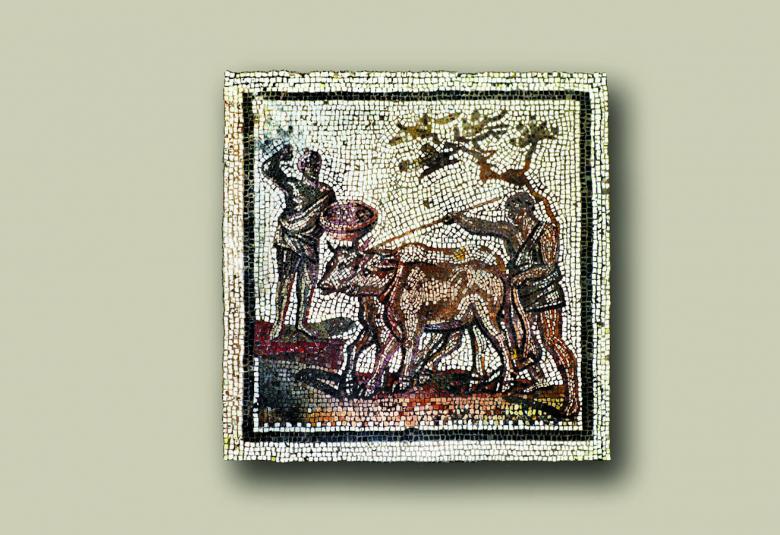 Kuvassa on vaaleanruskealla pohjalla neliön muotoinen kuva, joka on reunustettu tummalla ja jossa on kuva työskentelevistä ihmisistä.