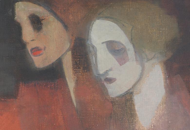 Kuvassa on Helene Schjerfbeckin taulu, jossa on kahden naisen kasvot vinottain.  Kuvan sävy on ruskea.
