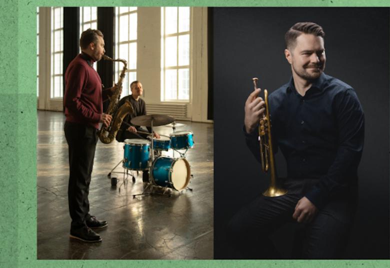 Kuvassa on Turku Sea Jazz -tapahtuman esiintyjät Verneri Pohjola ja Timo Lassy eri kuvissa vihreällä pohjalla.