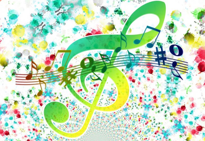 Kuvassa on valkoisella ja monivärisellä pilkullisella pohjalla iso nuottiavain sekä keskellä kulkeva nuottiviivasto, joka on kaarella ja siinä on muutamia nuotteja.