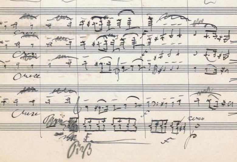 Kuvassa on Sibeliuksen neljännnen sinfonian alkuperäisnuotti.  