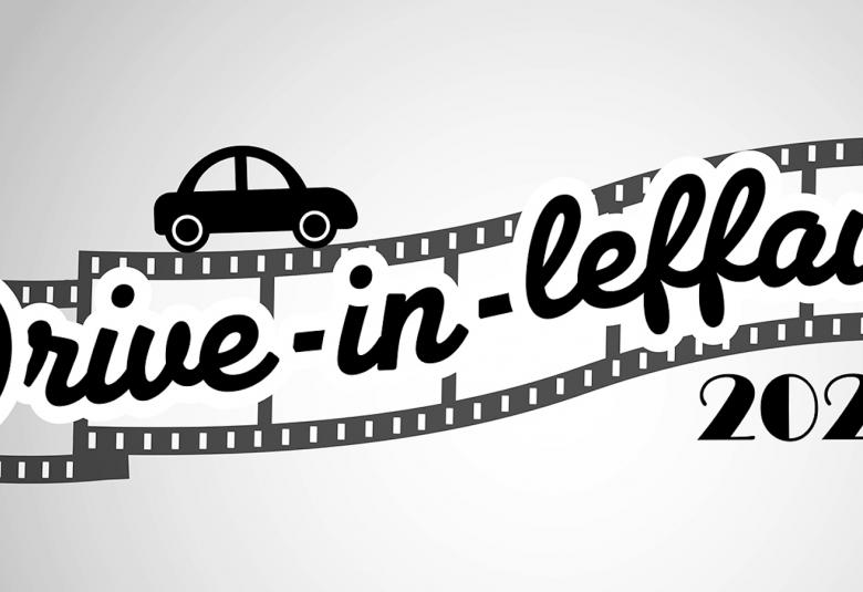 Kuvassa on piirretty pikkuauto ja tekstinä on filminpätkälle kirjoitettu drive-in leffaviikko. 