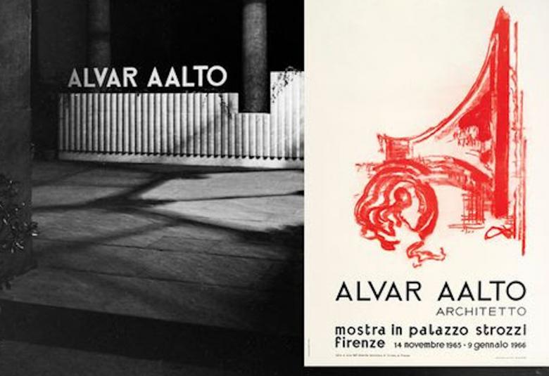 Kuvassa on musta-valkoisena Alvar Aallon nimi museon seinässä Firenzessä ja kuvan päällä on Aallon retrospektiivisen näyttelyn juliste.  Kuvassa on vaalealla pohjalla punainen kuvio.