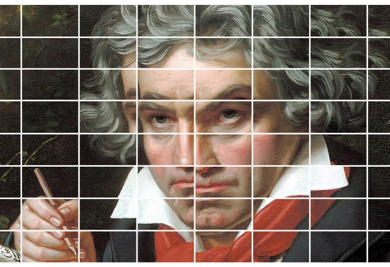 Kuvassa on Beethovenin kasvokuva maalauksena, joka on tehty kollaasina.