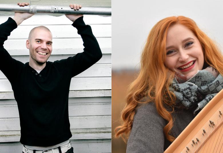 Kuvassa ovat kahdessa eri kuvassa Antti Järvelä ja Maija Pokela, joka pitää kanteletta kädessään. 