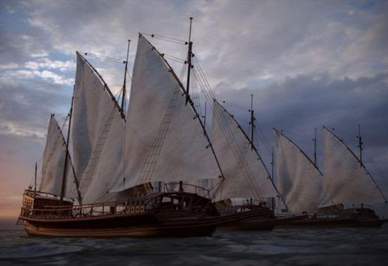 Kuvassa on venäläinen kaleeri ja siinä näkyy purjelaiva täysissä purjeissa.