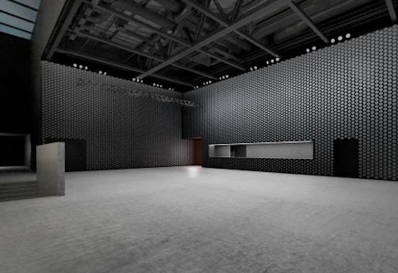 Kuvassa on Tanssin Talon Tapahtumatorin havainnekuva.  Tila on väriltään harmaa.