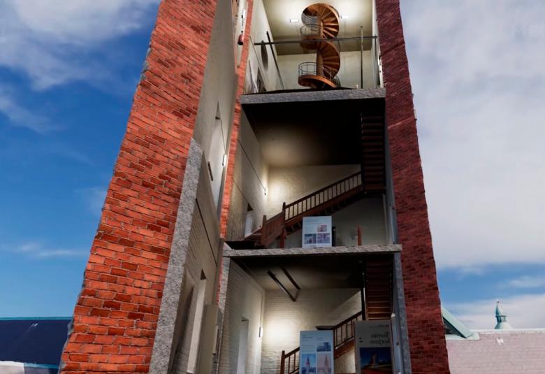 Kuvassa on 3-D mallinnos Kansallismuseon tornista, josta näkyy samalla sisäosan portaikko.