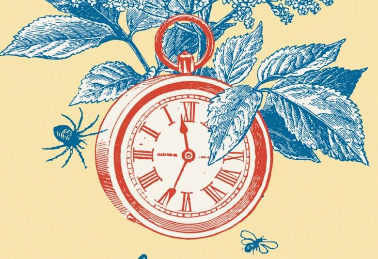 Kuvasa on osa kirjan kannesta Sisäolennoista, jossa on keltaisella pohjalla punainen herätyskello, jolla on turkoosit siivet.