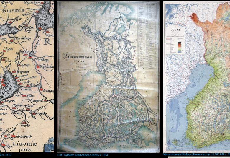 Kuvassa on Suomen karttoja eri aikakausilta.