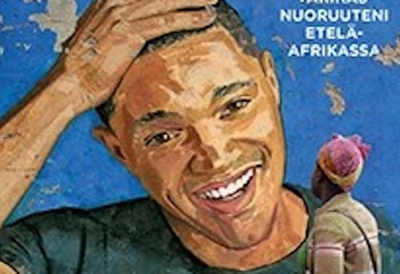 Kuvassa on Trevor Noahin kasvot ja edessä on nainen pienikokoisena katsomassa häntä.  Kuva on maalaus.