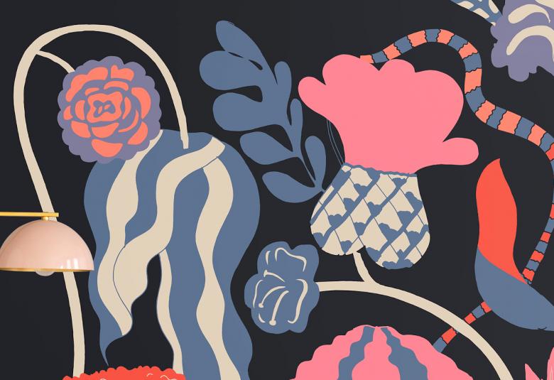 Kuvassa on Erica Jacobsonin suunnittelema tapetti, jossa on tummalla pohjalla suuria värikkäitä kukkia.